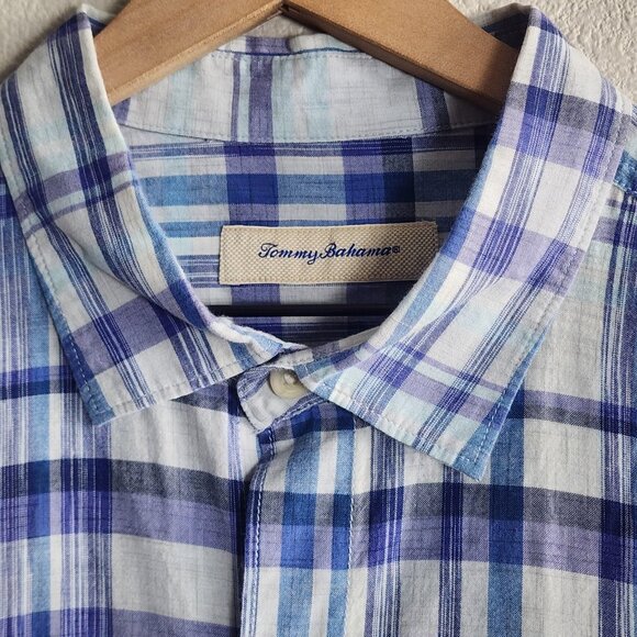 Tommy Bahama Shirt Mens Extra Large Blue Plaid Short Sleeve Button Marlin Logo - Picture 3 of 9